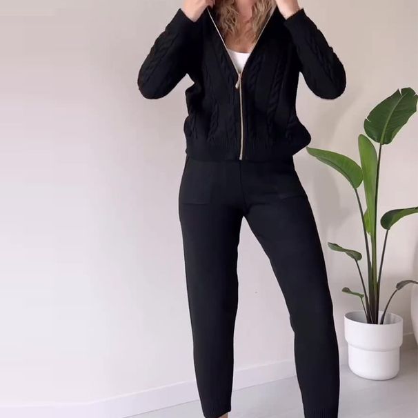 Women's Clothing new autumn solid color twist pattern hooded zipper top casual home suit_mkmklike.com