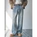 Washed Denim Jeans For Men, Straight Loose, Floor Length Wide Leg Pants, High-Quality Lightning Pattern Jeans, Summer_mkmklike.com
