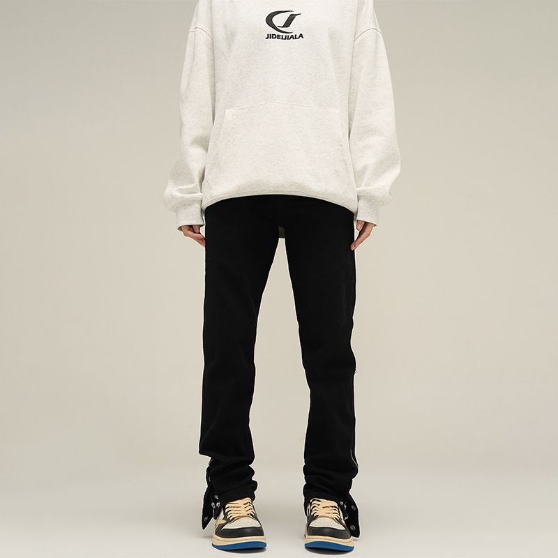Nordmann European American High Vibe Men's Jeans With Design Sense, Buttoned And Split Pants, Loose Straight-Leg Street Style_mkmklike.com