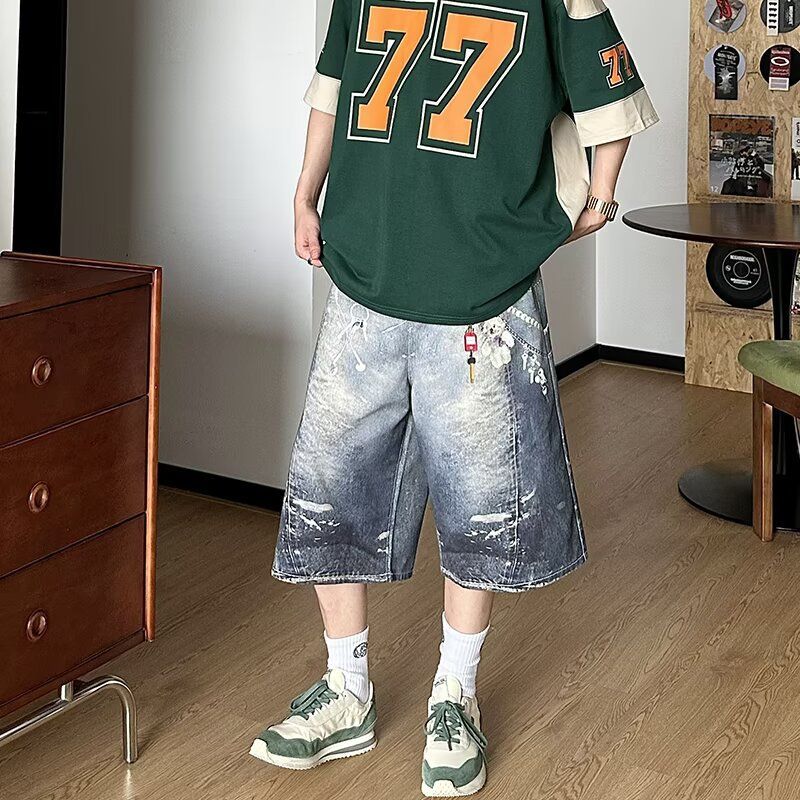 Unisex 3d Printed Embellished Flare Cropped Jeans | Loose Fit Straight Leg Knee-Length Shorts | Streetwear Denim Pants_mkmklike.com