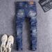 Men's Clothing Men's Slim Fit Skinny Jeans Dark Blue Washed Ripped Trendy American Street Style Hip Hop Retro Embroidered Patchwork_mkmklike.com