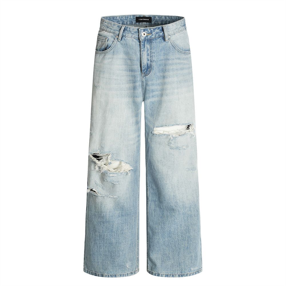 Washed Gradient Denim Straight-Leg Men's Dad Punk Street Style Distressed Casual Loose Pants_mkmklike.com
