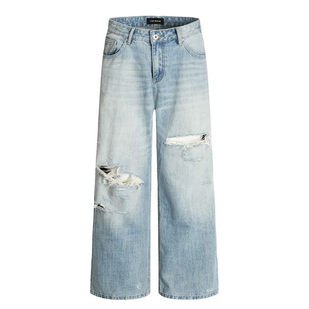 Washed Gradient Denim Straight-Leg Men's Dad Punk Street Style Distressed Casual Loose Pants_mkmklike.com