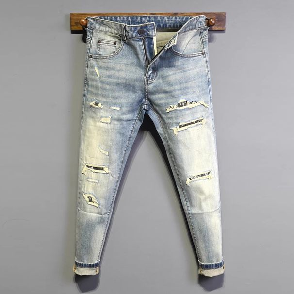 Men's Clothing Men's Slim Fit Skinny Jeans Trendy Paisley Patch Distressed Washed High Street Fashion Summer Denim Ripped_mkmklike.com