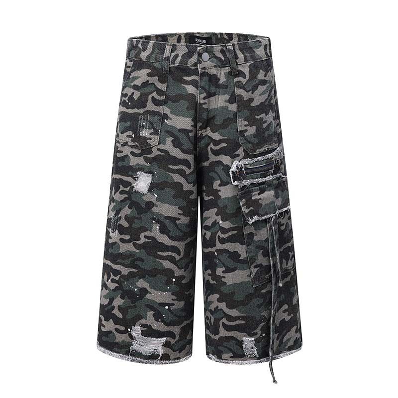Men's Clothing Fashion Worn Holes Raw Edge Niche Design Camouflage Workwear Shorts Men's Trendy Functional Style Loose Pants_mkmklike.com