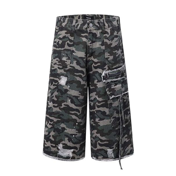 Men's Clothing Fashion Worn Holes Raw Edge Niche Design Camouflage Workwear Shorts Men's Trendy Functional Style Loose Pants_mkmklike.com