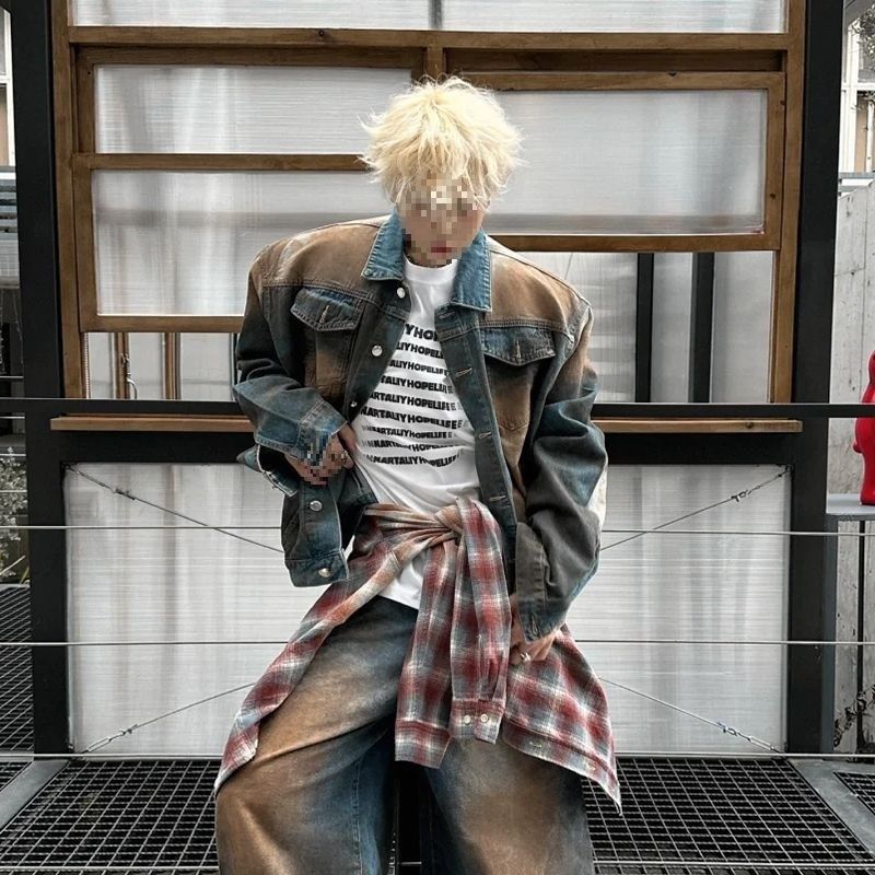 Loom Style Yellow Mud Color Denim For Men, European American Street Style, 2025 Spring And Autumn Vintage Distressed Padded_mkmklike.com