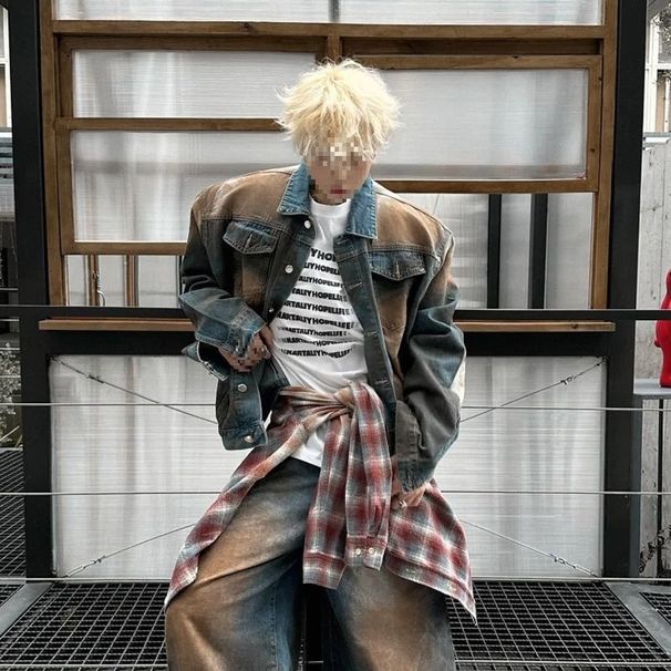 Loom Style Yellow Mud Color Denim For Men, European American Street Style, 2025 Spring And Autumn Vintage Distressed Padded_mkmklike.com