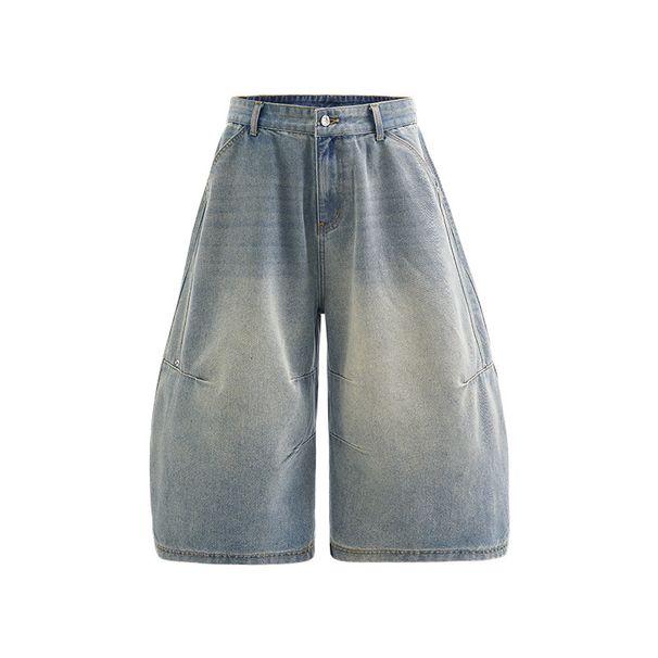 Men's Clothing Vintage Washed Denim Shorts For Men - Relaxed Fit 7/10 Cargo Jeans | Distressed Streetwear | Cotton Blend (Light Blue, Raw Indigo)_mkmklike.com