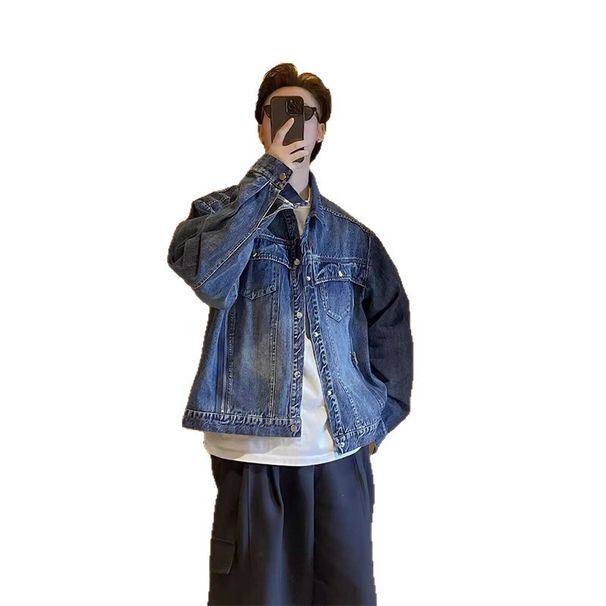 American Deconstruction Retro Blue Workwear Denim Jacket, Rugged And Handsome Short Baseball Jacket_mkmklike.com