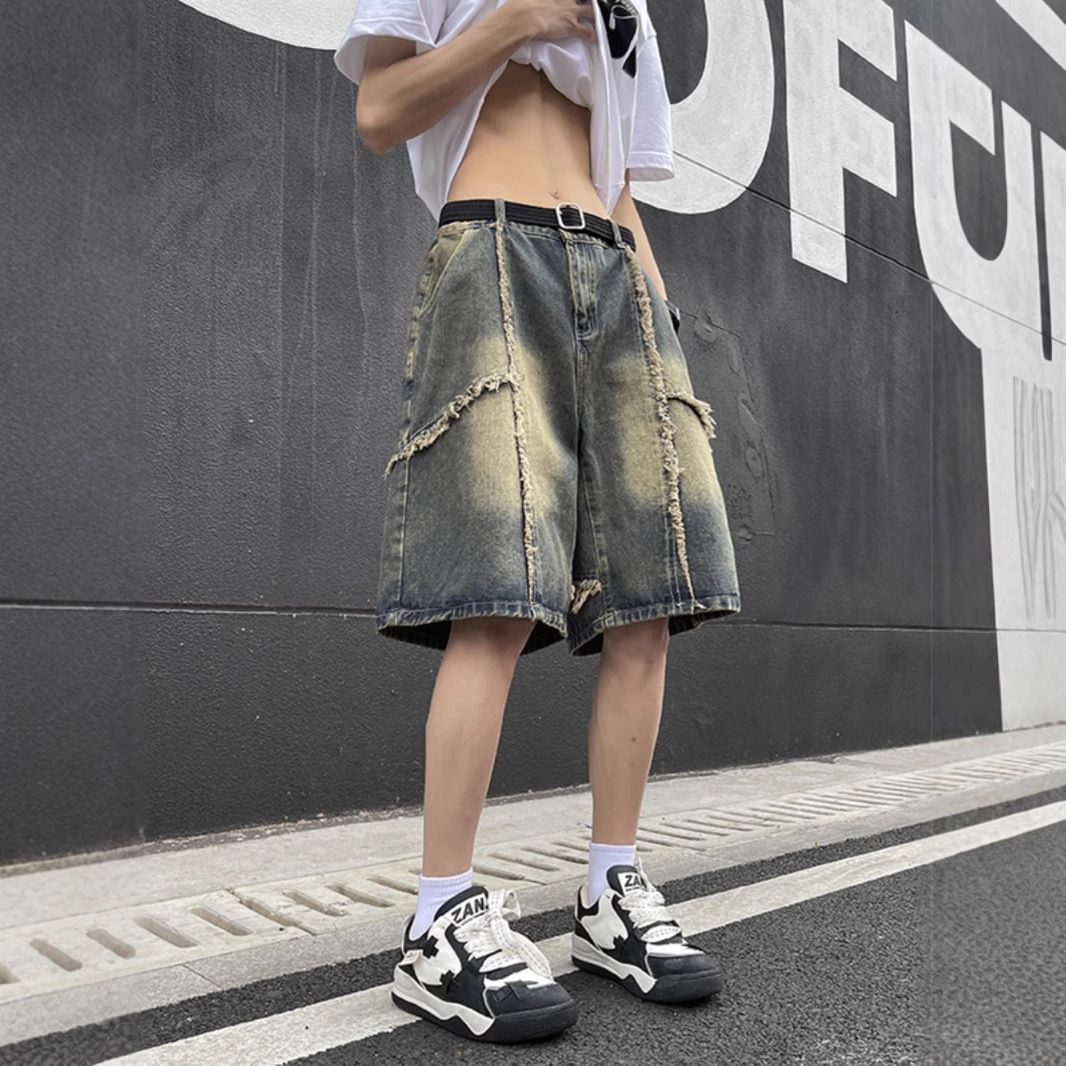 Men's Clothing Teenager Men's Distressed Denim Shorts High Street Style Loose Fit Straight Leg Five Point Pants Summer Fashion_mkmklike.com