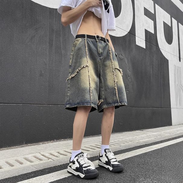 Men's Clothing Teenager Men's Distressed Denim Shorts High Street Style Loose Fit Straight Leg Five Point Pants Summer Fashion_mkmklike.com