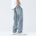 Men's Clothing Men's Washed Light Blue Splatter Print Relaxed Fit Straight Leg Casual Pants_mkmklike.com
