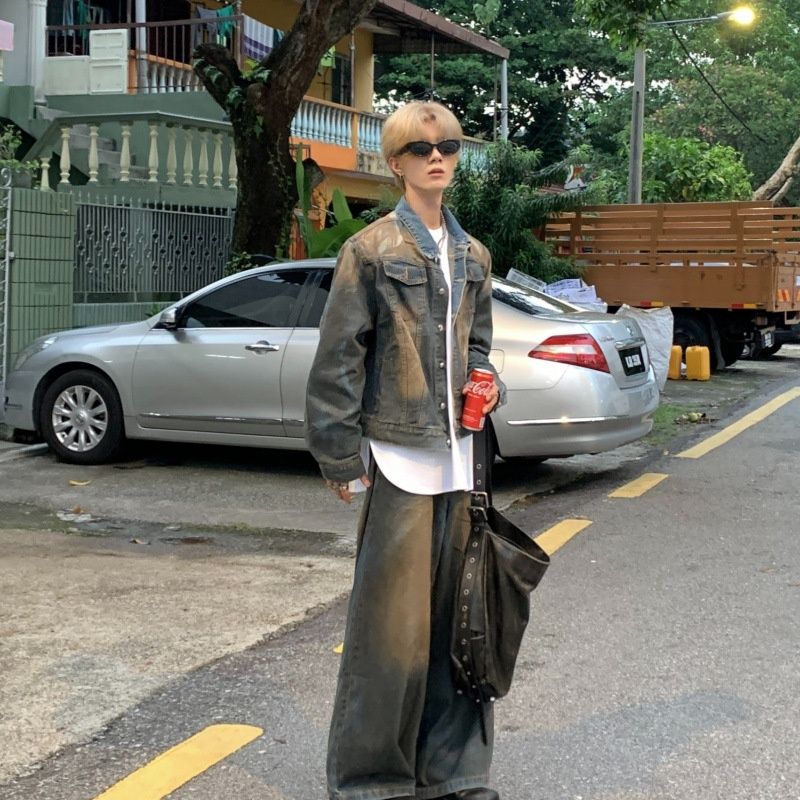 Loom Plus Size 125kg Set Denim High-End European And American Street Style Men's Vintage Distressed Padded Shoulder Jacket_mkmklike.com