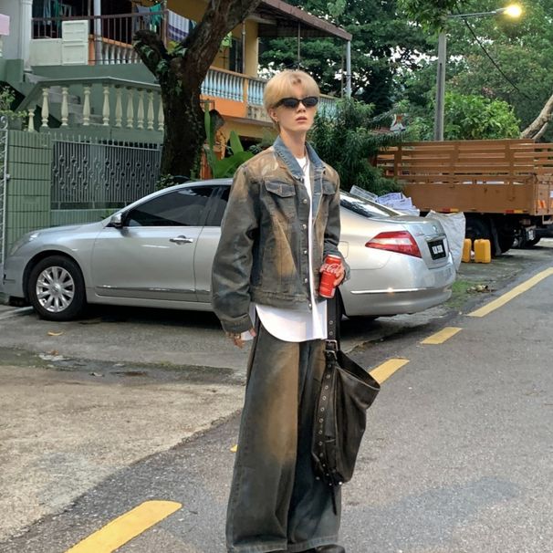 Loom Plus Size 125kg Set Denim High-End European And American Street Style Men's Vintage Distressed Padded Shoulder Jacket_mkmklike.com