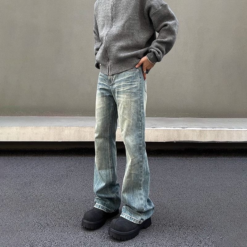 Men's Clothing Washed Blue Cleanfit Jeans For Men Men's Vintage Washed Blue Cleanfit Jeans Straight Leg Retro Denim Pants For Casual Wear_mkmklike.com