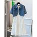 Chicco High Waist A-Line Tank 2025 Summer New Short Denim Jacket Ruched Patchwork Dress Two-Piece Set_mkmklike.com