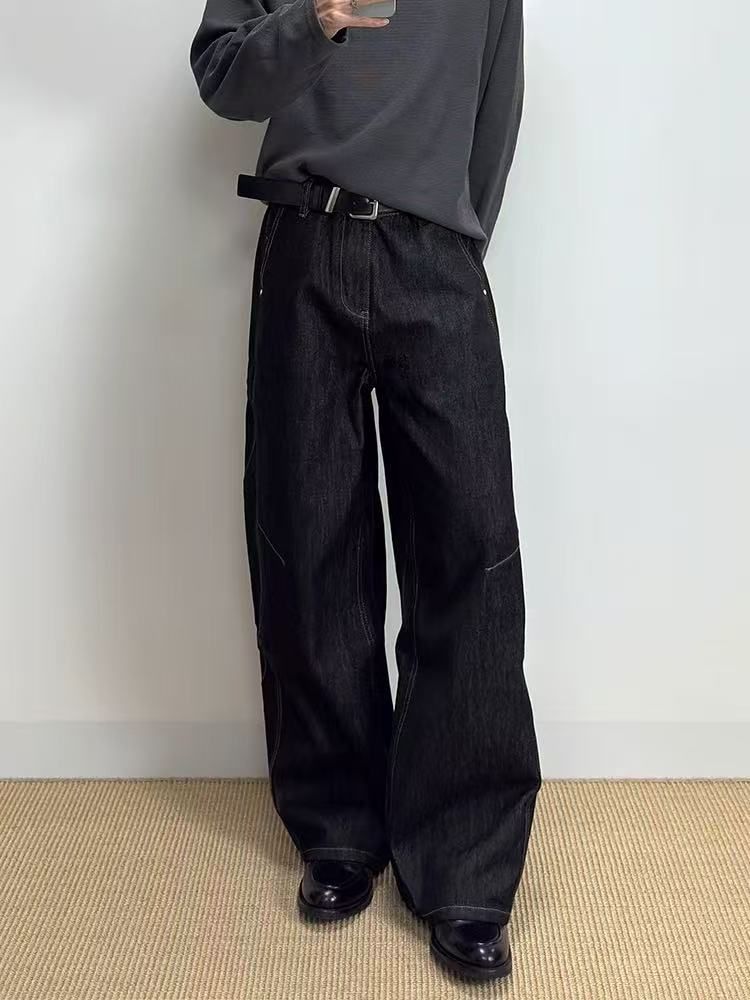 Deconstructed Black Raw Denim Jeans – Unisex Wide-Leg Streetwear Pants With Patchwork & Oversized Fit (90s Grunge Revival Aesthetic)_mkmklike.com