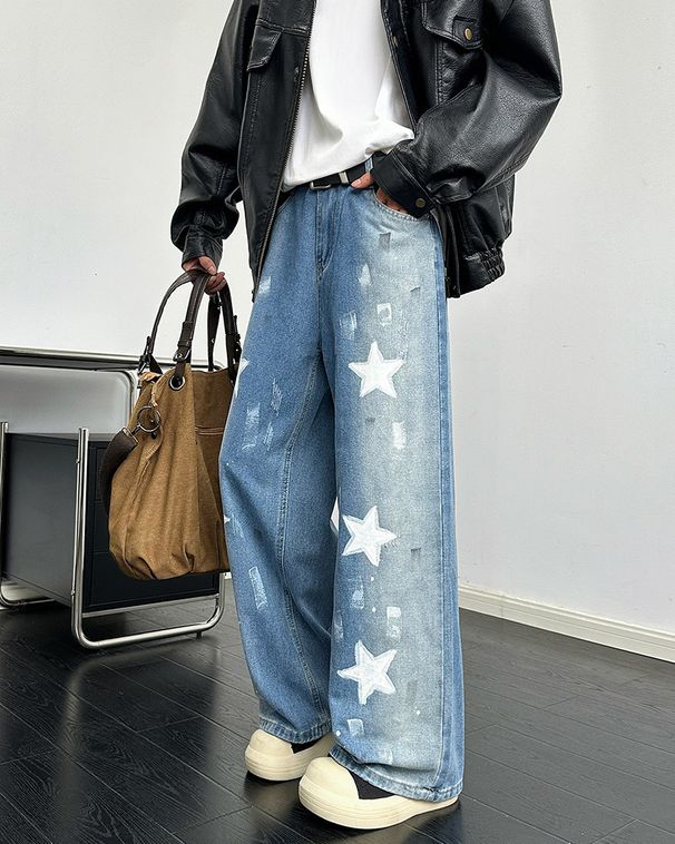 Men's Star Print Jeans - Relaxed Straight Leg Denim Pants With Washed Finish For Casual Wear_mkmklike.com
