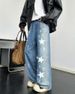 Men's Star Print Jeans - Relaxed Straight Leg Denim Pants With Washed Finish For Casual Wear_mkmklike.com