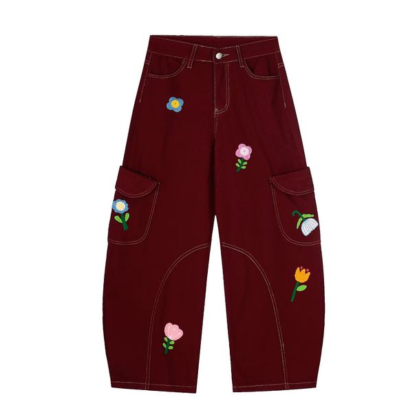 Retro Floral Embroidered Cargo Pants Loose Fit Slimming Wide Leg Denim Trousers For Men And Women Autumn Style Casual Cotton Jeans_mkmklike.com