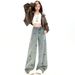 Fleece-Lined American Retro Embroidered Puppy High-Waisted Wide-Leg Jeans Women, New Loose Slimming Straight-Leg Pants_mkmklike.com