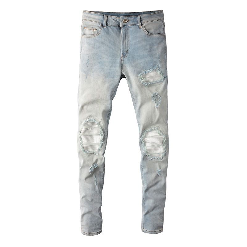 High Street Trendy Brand Ripped Retro Patch Jeans Men's Elastic Slim Fit Light Blue Jeans Men's Pants 6624_mkmklike.com