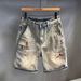 Men's Plus Size Retro Distressed Denim Shorts Washed Trendy Loose Straight Leg Five Point Mid Length_mkmklike.com