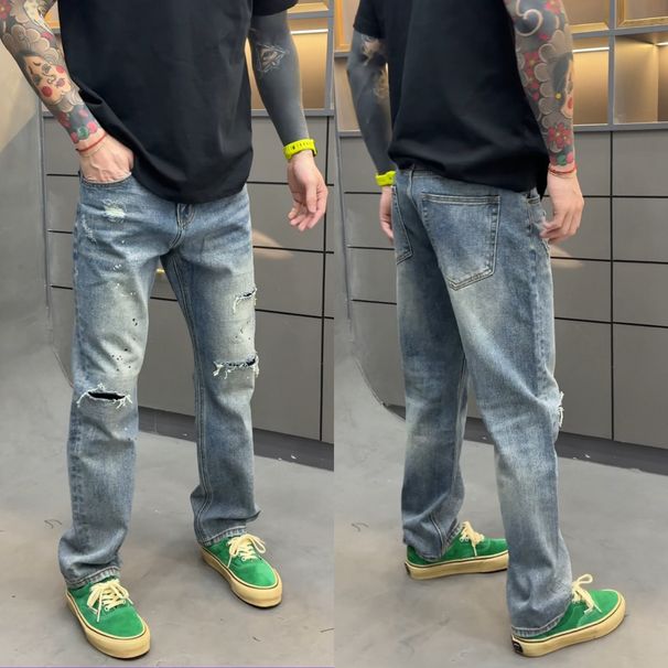 Men's Clothing Men's Straight Leg Jeans Distressed Splatter Painted Design Style Fashionable Casual Trousers Spring Trend_mkmklike.com