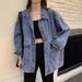Women's Vintage Denim Jacket Long Sleeve Oversized Casual Coat, Cotton Blend Polo Collar Streetwear, Korean Retro Style For Fall & Winter_mkmklike.com