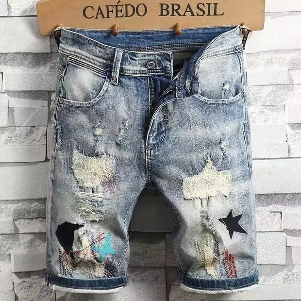 Men's Distressed Denim Shorts - Vintage Blue Washed Cotton Casual Summer Shorts With Rip Details, Loose Fit & Comfortable_mkmklike.com