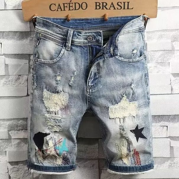 Men's Distressed Denim Shorts - Vintage Blue Washed Cotton Casual Summer Shorts With Rip Details, Loose Fit & Comfortable_mkmklike.com