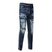 Men's Clothing Washed Old Cat Whisker Patch Hole Elastic Slim Fit Skinny Pants Ink Splash Jeans_mkmklike.com