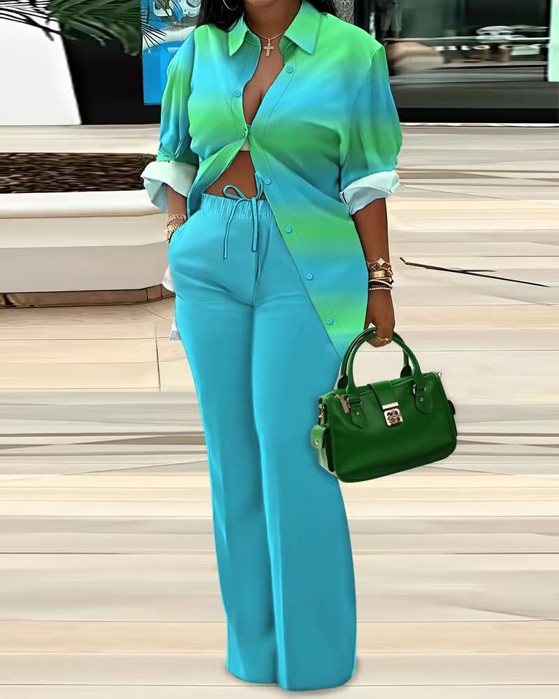 Women's fashion casual versatile printed long-sleeved pants suit_mkmklike.com