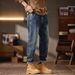 New Multifunctional Rubber Band Waist Cone Stacked Jeans Men's Fattened Plus Size Badge Retro Denim Trousers Men's_mkmklike.com