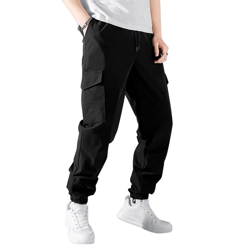 New Men's Cargo Pa Spring Summer Flap Pocket Side Drawstring Waist Pa Fashion Casual Streetwear Black Male_mkmklike.com
