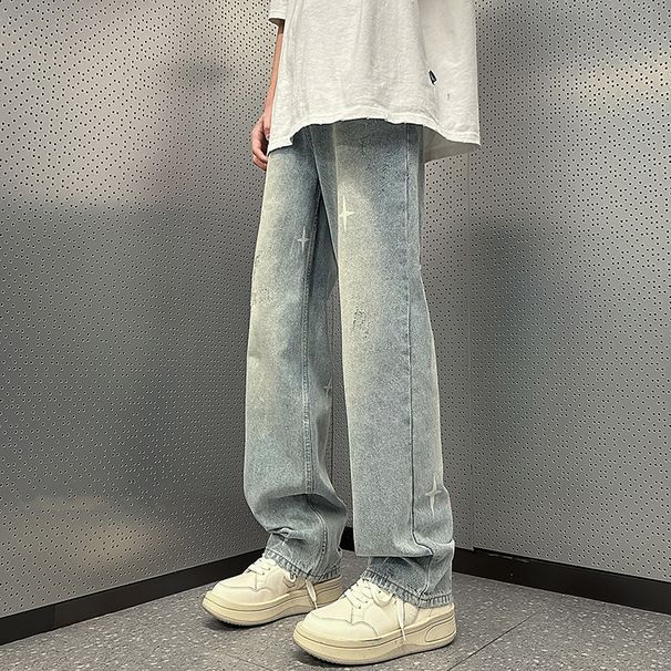 Men's Retro Washed Star Print Jeans American High Street Style Trendy Loose Straight Leg Trousers Cool Distressed Straight-Leg Jeans_mkmklike.com