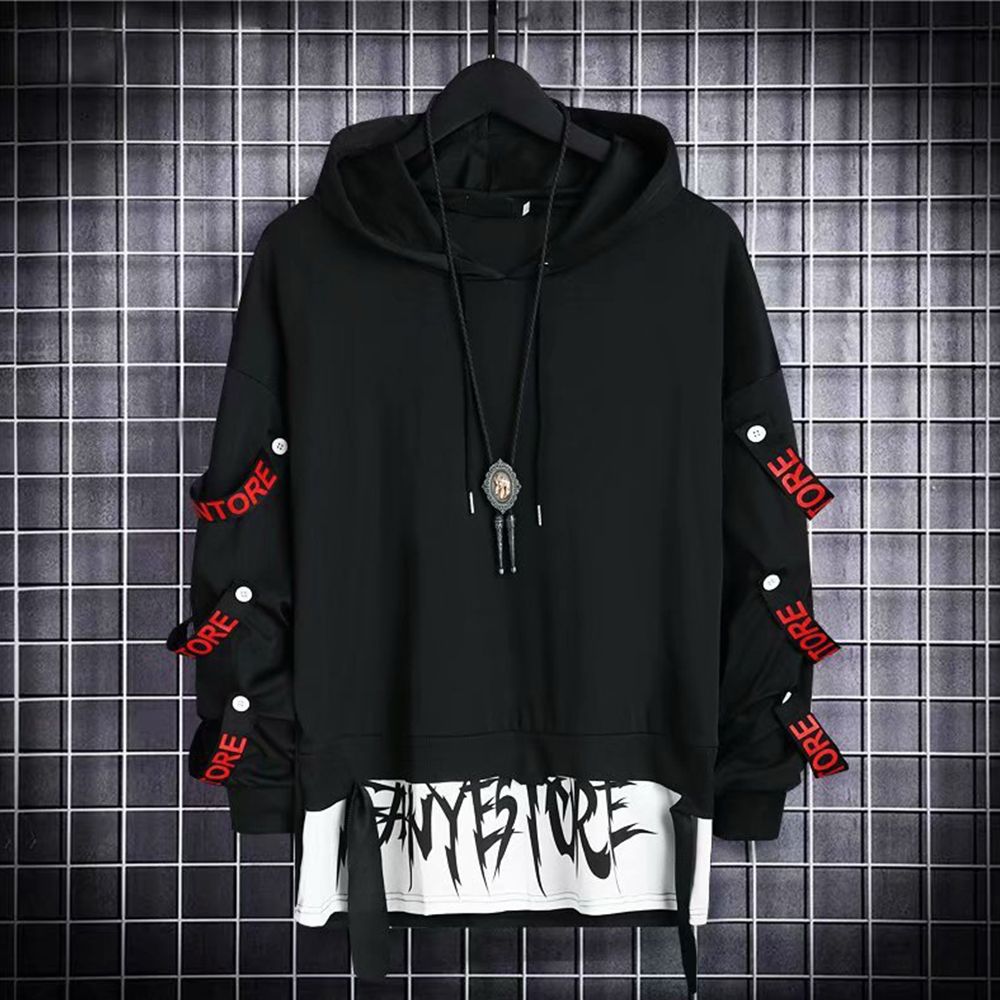 Men's Hoodie Sweatshirt Casual Black Hoodies Tops Techwear Hip Hop Haruku Patchwork Japanese Streetwear Men With_mkmklike.com