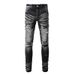 Men's Clothing Street Fashion Jeans Retro Black Grey Ripped Slim Fit Leather Denim Pants_mkmklike.com