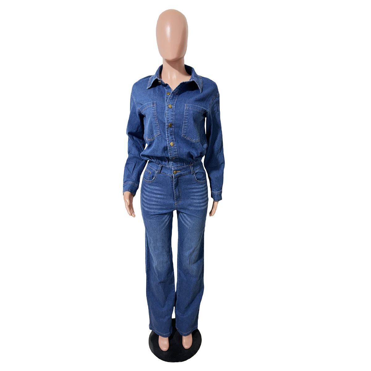 K Slim Fit Elastic Loose Long Sleeved Denim Jumpsuit_mkmklike.com