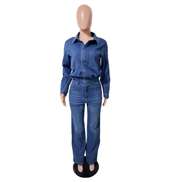K Slim Fit Elastic Loose Long Sleeved Denim Jumpsuit_mkmklike.com