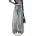 American Retro Ripped Jeans For Women, Summer 2026, Petite Straight Loose Floor-length Wide-leg Pants_mkmklike.com