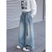 Men's Retro Blue Belted Jeans - Loose Straight Leg Denim Pants For Autumn & Winter, High Street Wide Leg Style_mkmklike.com