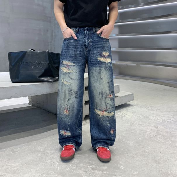 Vintage Distressed Denim Jeans For Men & Women - Relaxed Straight Leg High Street Style With Hand-Painted Details (Blue, Multiple Sizes)_mkmklike.com