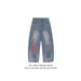 Men's Clothing Heavy Craft Embroidery Retro Red Checkered Patch Stitching Distressed Washed Black Wide Leg Jeans Drape Mopping Pants_mkmklike.com