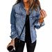 Women's Clothing Distressed Denim Jacket - Vintage Washed Short Cropped Jean Coat With Lapel Collar & Long Sleeves_mkmklike.com