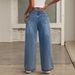 Women's Embellished High Waist Wide Leg Jeans - Flared Straight Denim Pants With Beaded Details For Casual Streetwear_mkmklike.com