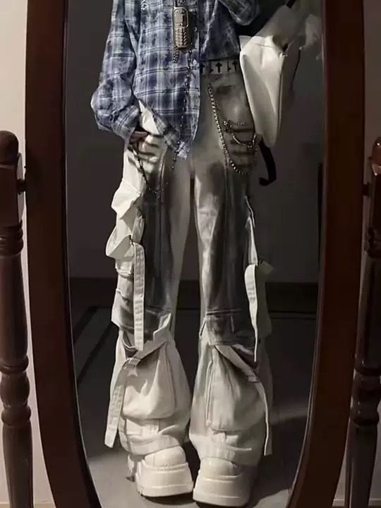 Vintage Streetwear Distressed Jeans – Oversized Bleached Wide-Leg Denim Pants With Draped Hem & Detachable Ties (M-3xl)_mkmklike.com