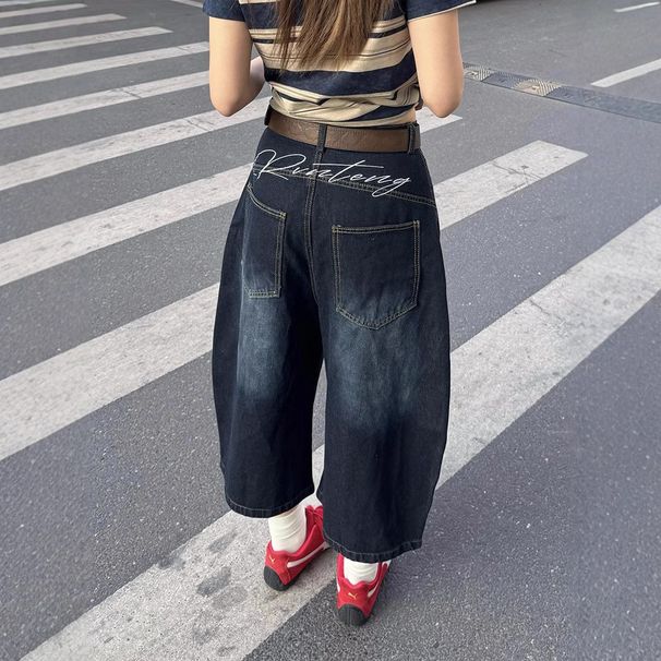 Men’s Clothing Large SizeRetro High Street Scimitar Seven Point Jeans New High Waist Embroidery Print Straight Casual Wide Leg Pants_mkmklike.com