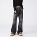 American Style Vintage Ripped Ink Splashed Jeans For Men, Straight Slightly Flared Double Waistband Design, Wide Leg_mkmklike.com
